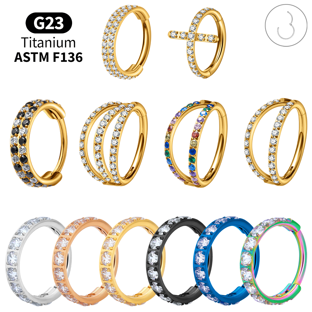 Body Jewelry Vertical Labret - Titanium CZ Hinged Clicker Ring Set