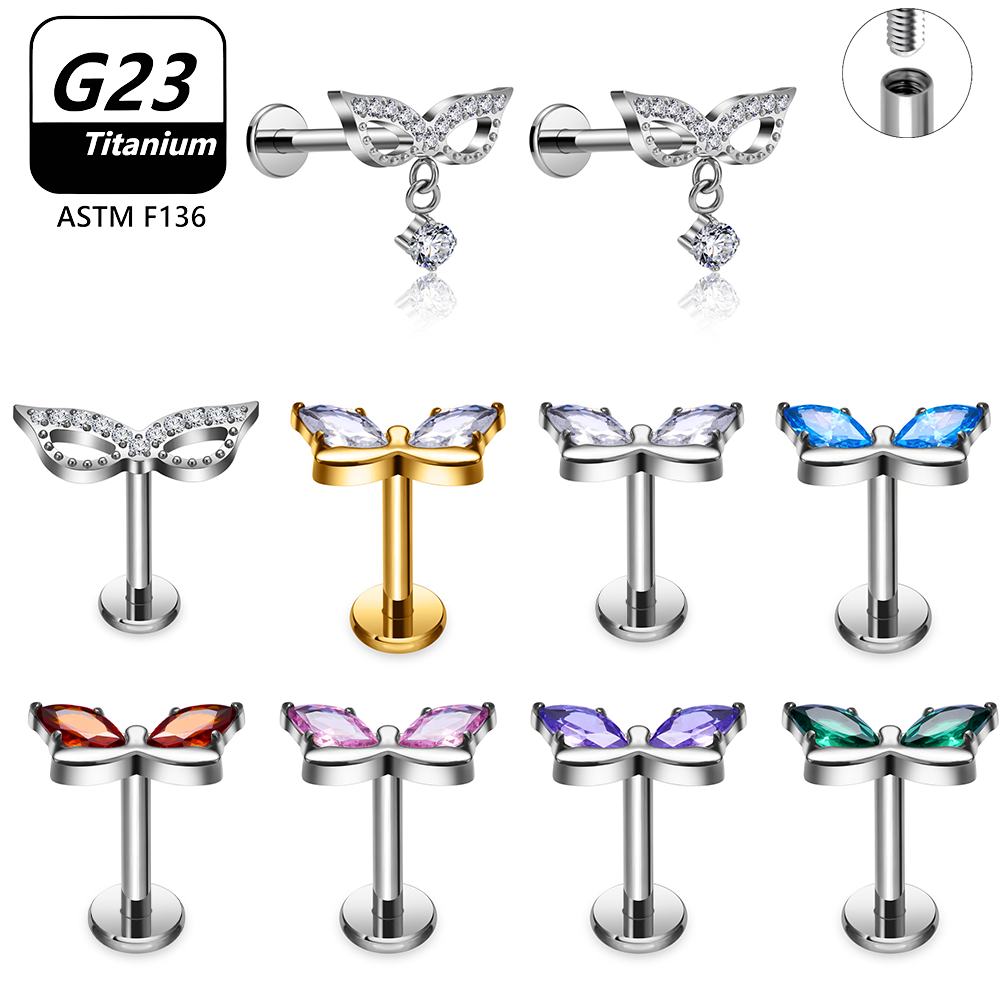Body Jewelry Vertical Labret - G23 Titanium Butterfly Tassel Labret Set